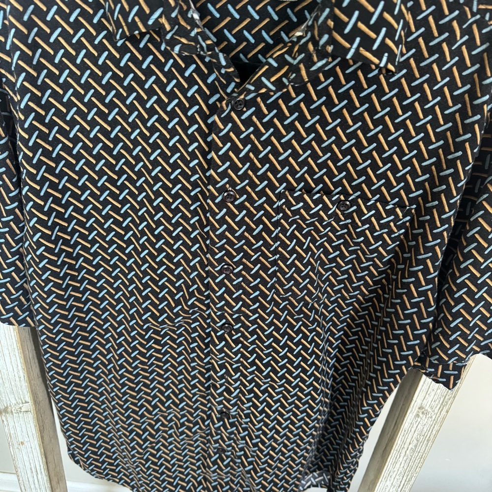 Original Le Frog Black and Gold Patterned Men's Button Up Shirt‎ Size Small